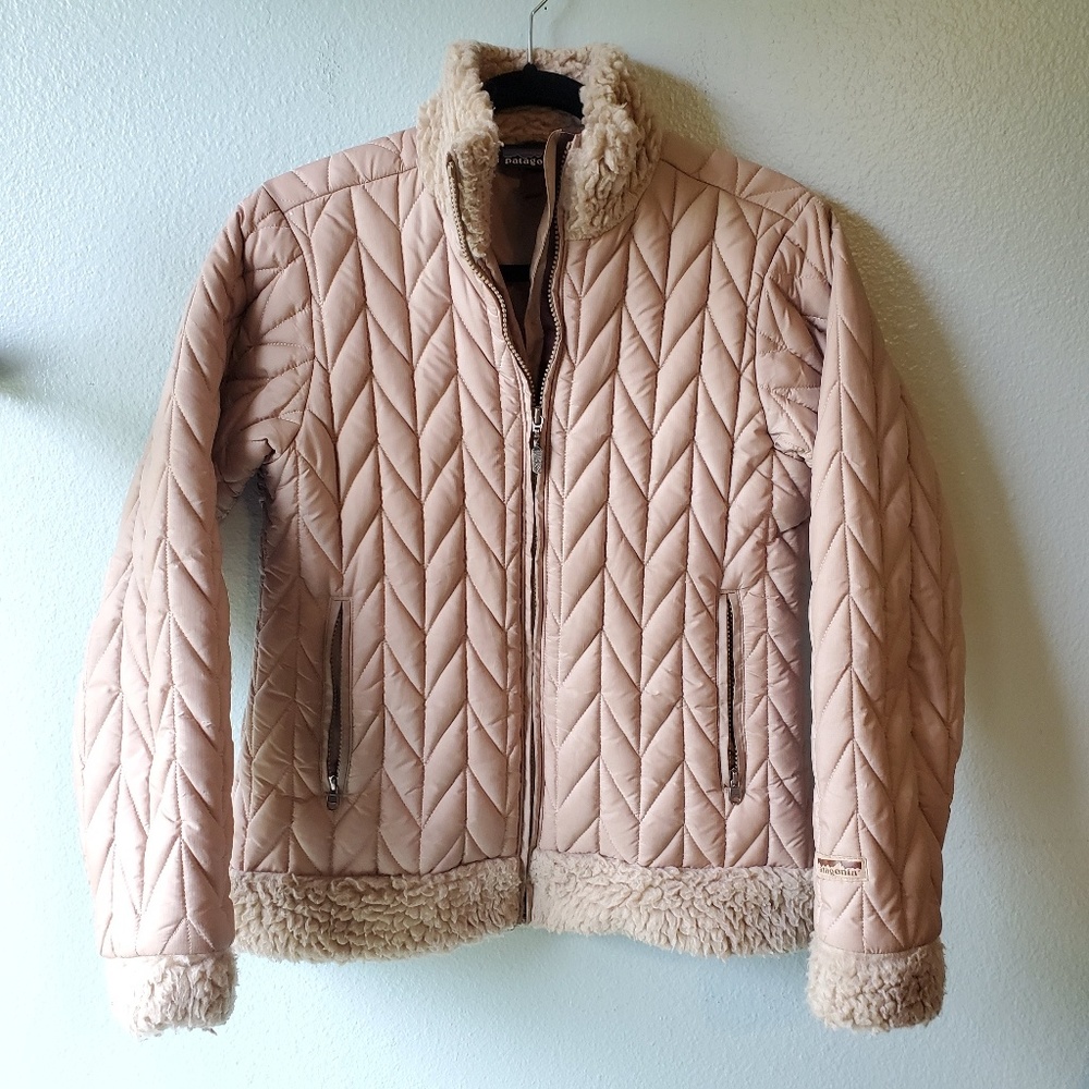 Patagonia Quilted Puffer Jacket in Light Pink with Sherpa Trim